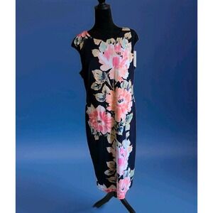 London Style Collection Dress Womens 16 Navy Pink Floral Sheath Cap Sleeve Party